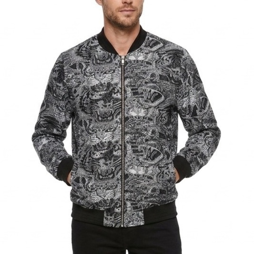 Zara Man Tiger Jacquard Tapestry Bomber Jacket Gray Black Animal Print Medium